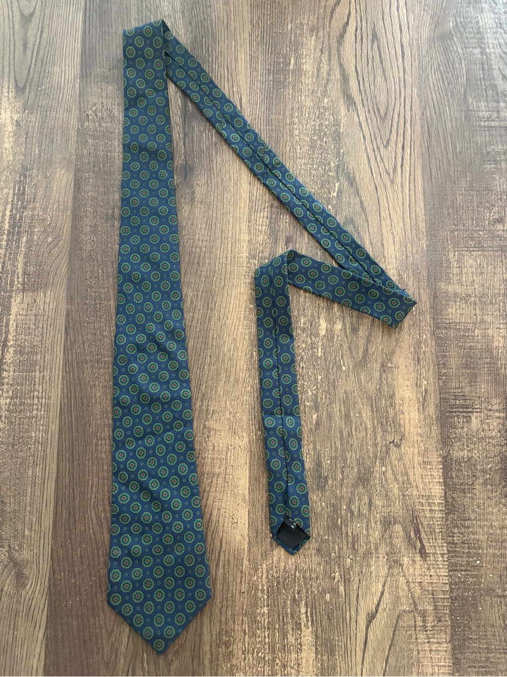 Yves Saint Laurent Navy Tie with Green Medallion Pattern